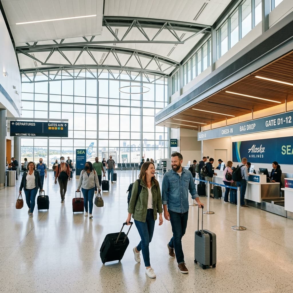 Travelers arriving at Sea-Tac Airport
